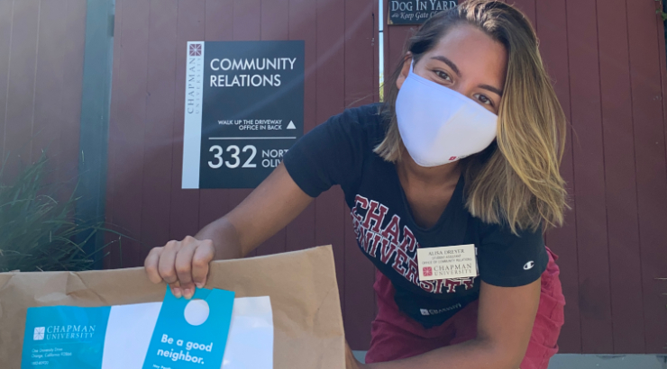 Alisa Dreyer ’21 in front of Chapman University Community Relations office
