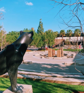 Sculpture of Pete the Panther looks over Attallah Piazza