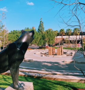 Sculpture of Pete the Panther looks over Attallah Piazza
