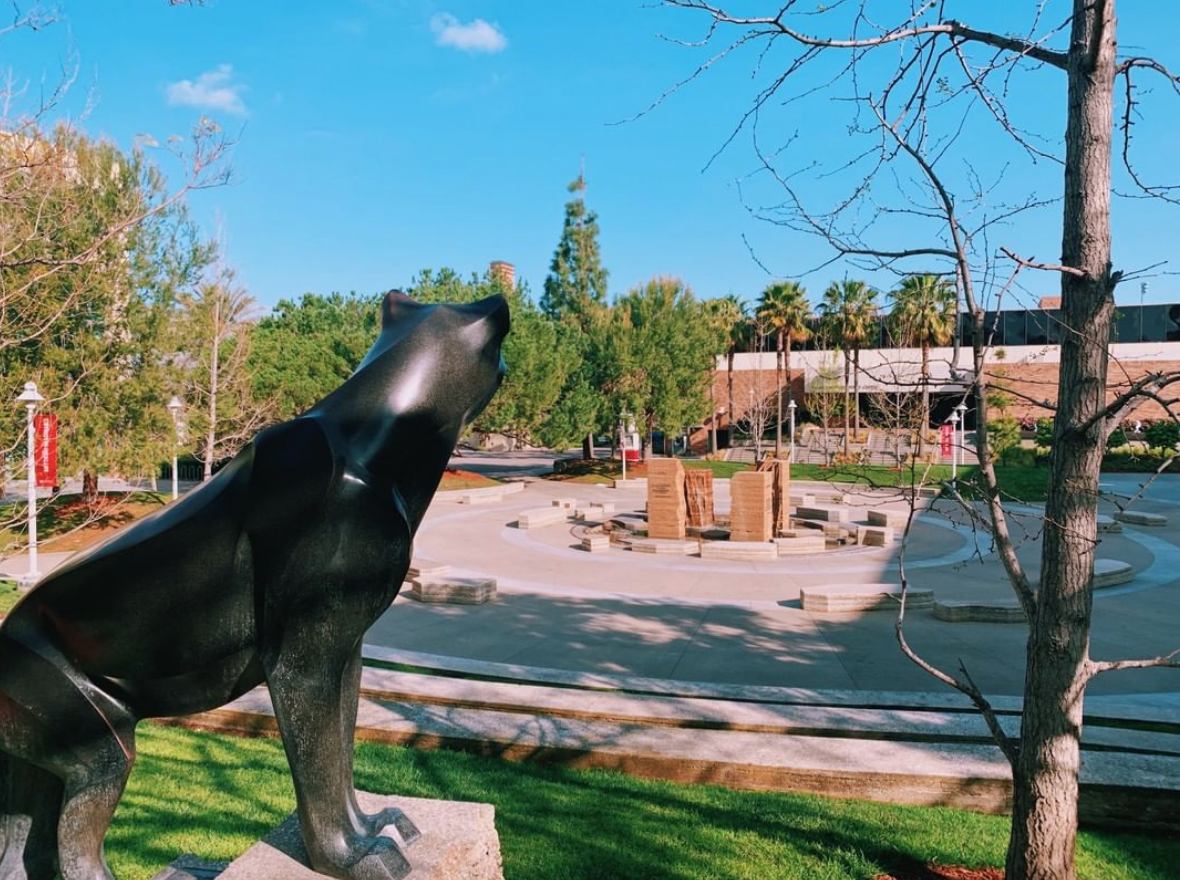 Sculpture of Pete the Panther looks over Attallah Piazza