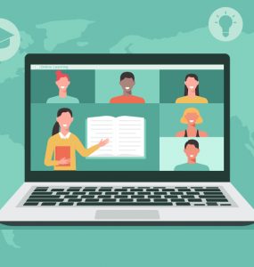 Graphic of laptop with teaser and students on the screen.