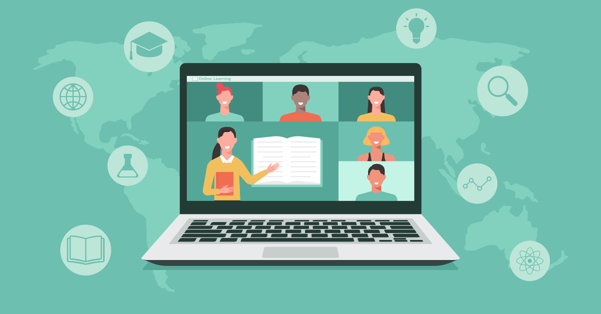 Graphic of laptop with teaser and students on the screen.