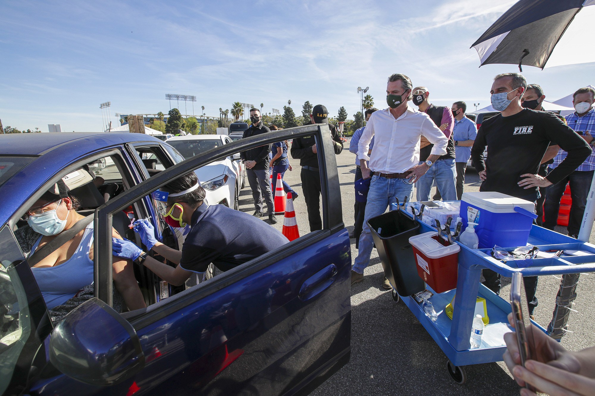 a mass COVID-19 vaccination site at Dodger Stadium