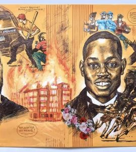 Portrait of George Floyd, Breonna Taylor and Ahmaud Arbery painted on pee chee folder.