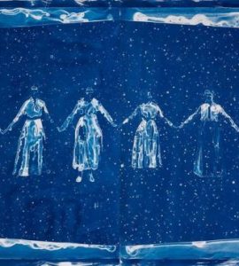 Ink on architectural film depicting women holding hands.