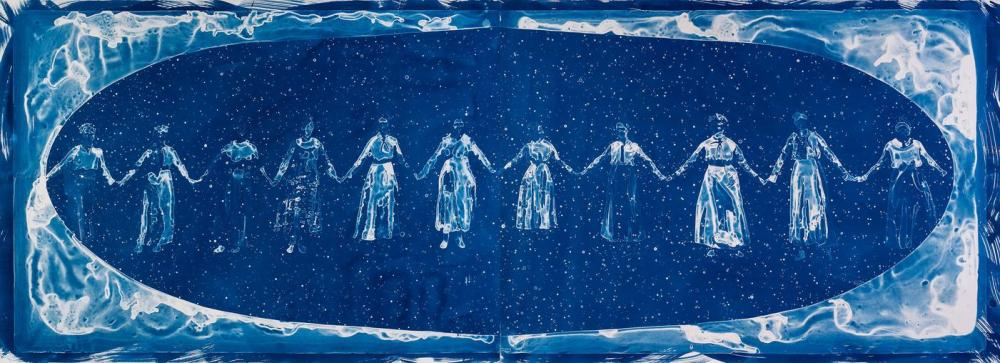 Ink on architectural film depicting women holding hands.