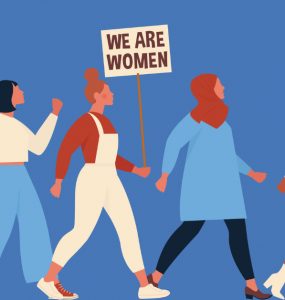 Graphic of diverse women marching in line.