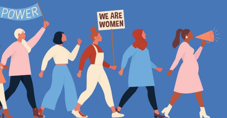 Graphic of diverse women marching in line.