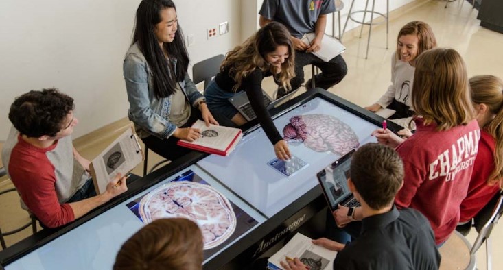 chapman students gather around virutal anatomy lab table