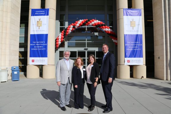 Chapman University President Daniele Struppa, Phi Beta Kappa faculty members Kyndra Rotunda and Lisa Leitz, and Provost Glenn Pfeiffer pose at the inaugural Phi Beta Kappa ice cream social and announcement event on October 9, 2018.