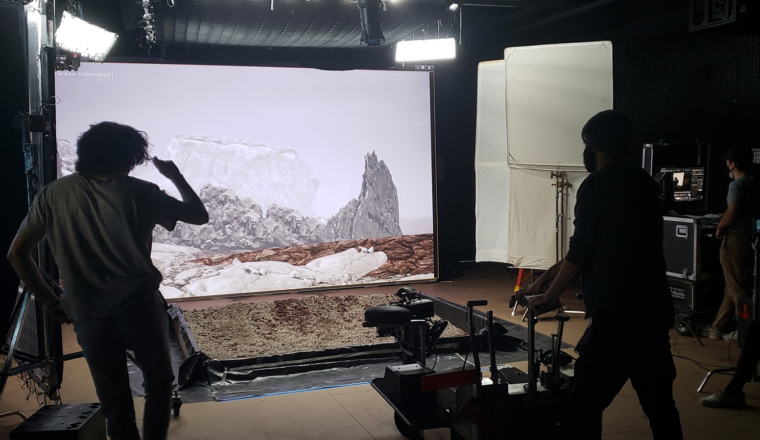 Sand on set, tundra backdrop, virtual production set, Dodge College. 