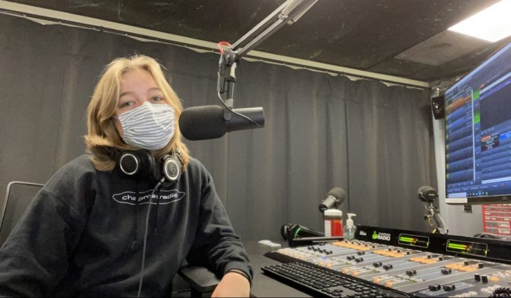 Sylvie Messing '21 in the new Chapman Radio studio.