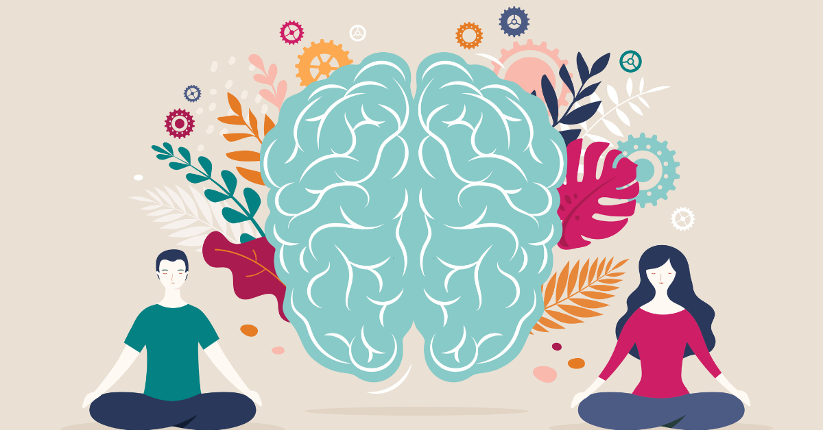 Young woman and man sit with crossed legs and meditate with brain icon on the background.
