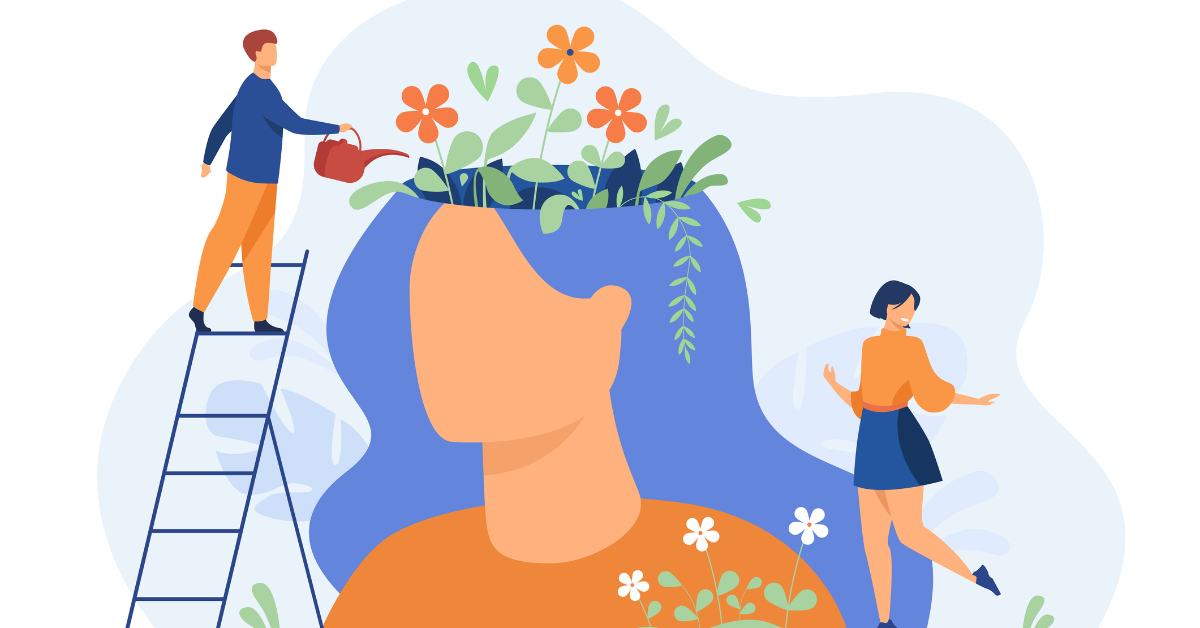 Tiny people and flower garden inside female head.