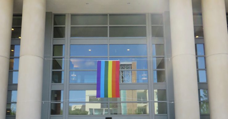 Pride flag hanging in front of Leatherby Libraries.