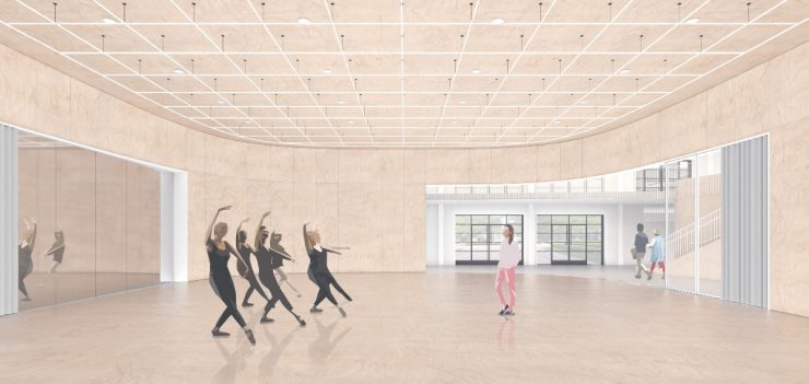 Architect's conceptual rendering of large dance studio.