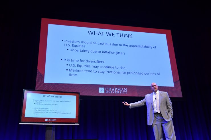 Chapman Professor Fadel Lawandy on Musco Center stage as he discusses investment strategies for the new economy during Chapman’s Economic Forecast Update.