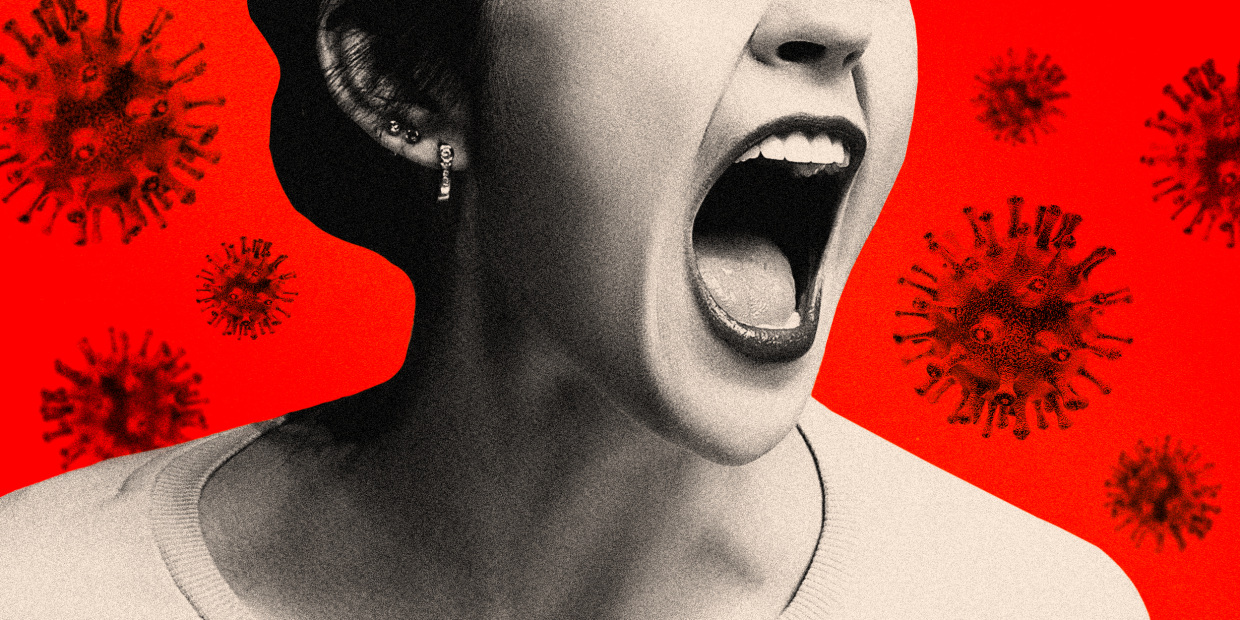 Screaming woman against red COVID-19 backdrop.