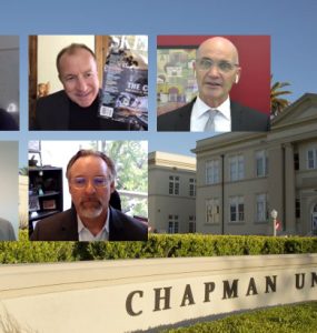 image of professor portraits overlaid on chapman university entrance photo