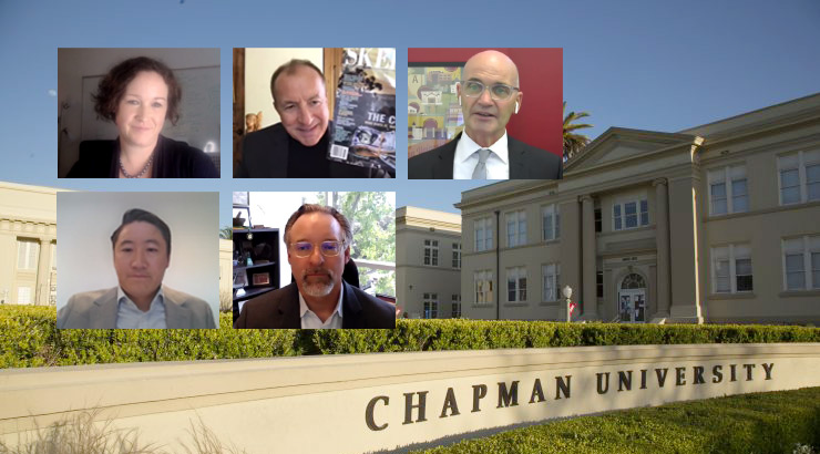 image of professor portraits overlaid on chapman university entrance photo