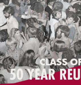 vintage black and white picture of large group at a party and a caption readin Class of 1971 50 Year Reunion
