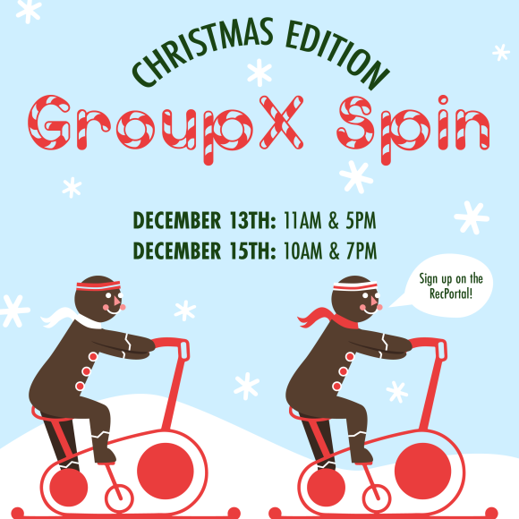 Graphic of two snowmen riding spin bikes.
