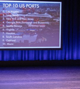 Chapman economist Jim Doti explains the benefit of trade on California’s economy during his presentation of the annual Economic Forecast at Musco Center for the Arts.