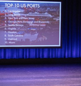 Chapman economist Jim Doti explains the benefit of trade on California’s economy during his presentation of the annual Economic Forecast at Musco Center for the Arts.