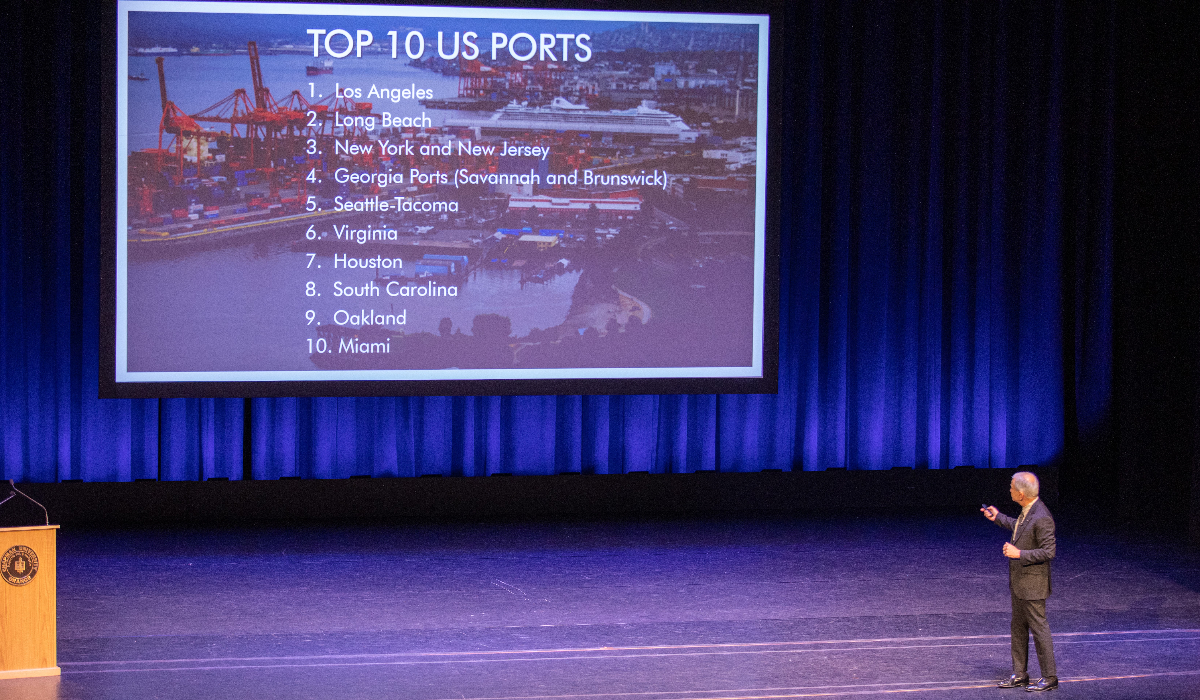 Chapman economist Jim Doti explains the benefit of trade on California’s economy during his presentation of the annual Economic Forecast at Musco Center for the Arts.