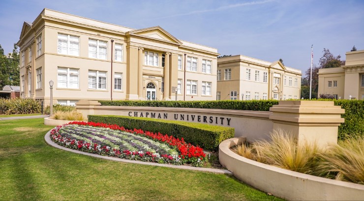 Classroom buildings overlooking lawn at Chapman University.