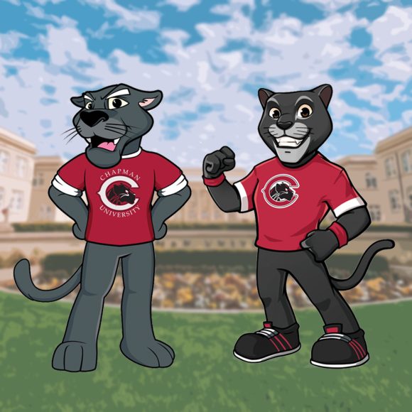 illustration of two pete the panther designs standing in front of memorial hall at chapman university