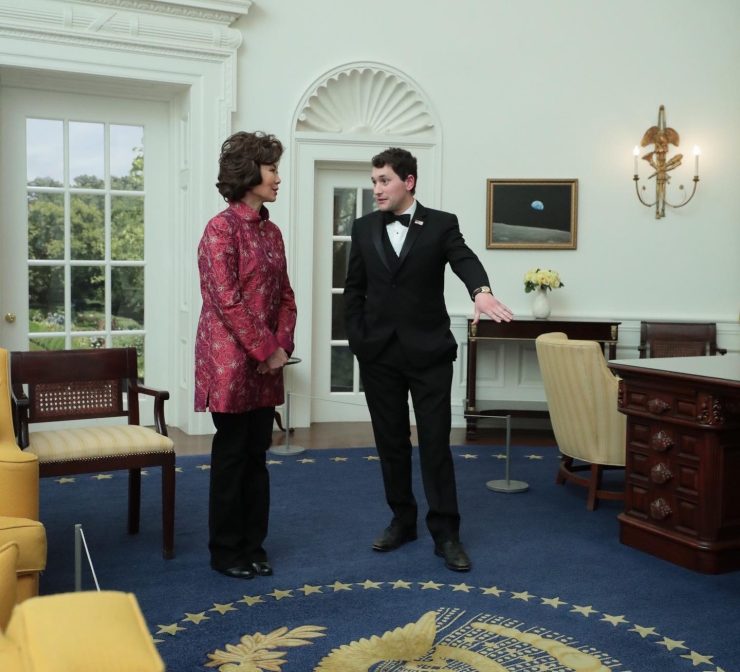 jim byron and elaine chao in replica of white house oval office