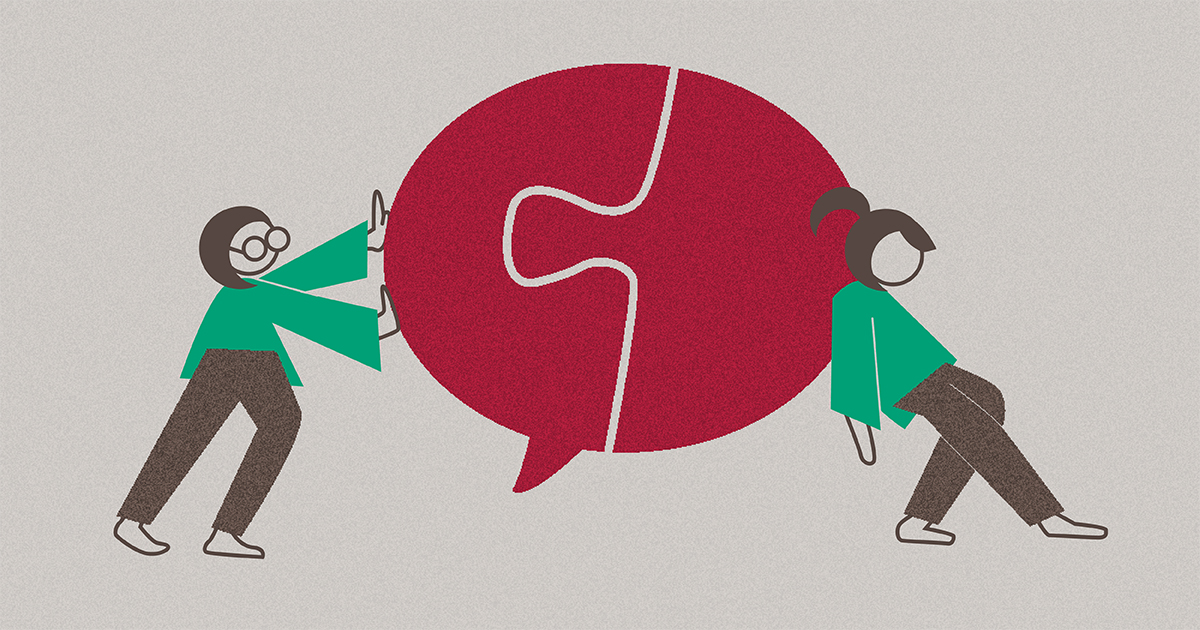 illustration of s speech balloon with a mother and daughter pushing at either side