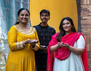 Members of Chapman University's South Asian Student Association from left to right: Ananya Pochiraju ‘23, Gaurav Gurijala ’25, and Riya Mody ’22.