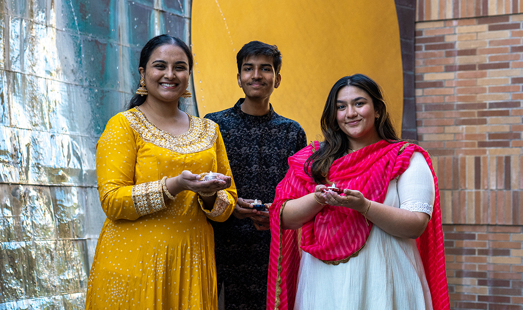 Members of Chapman University's South Asian Student Association from left to right: Ananya Pochiraju ‘23, Gaurav Gurijala ’25, and Riya Mody ’22.