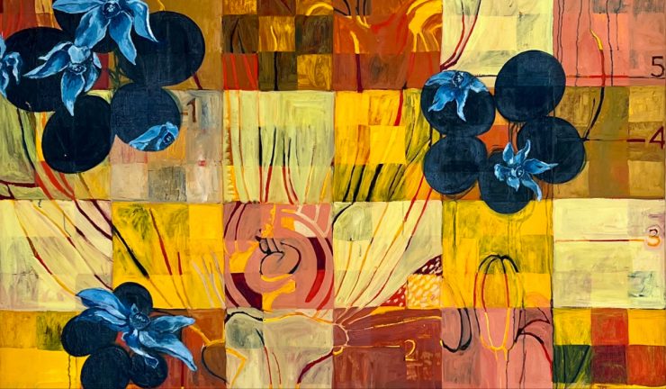 detail of painting with yellow, brown and rust squares and blue flowers