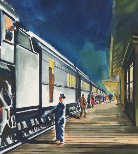 painting of train at station