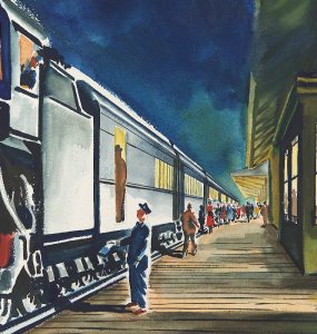 painting of train at station