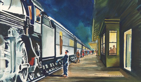 painting of train at station