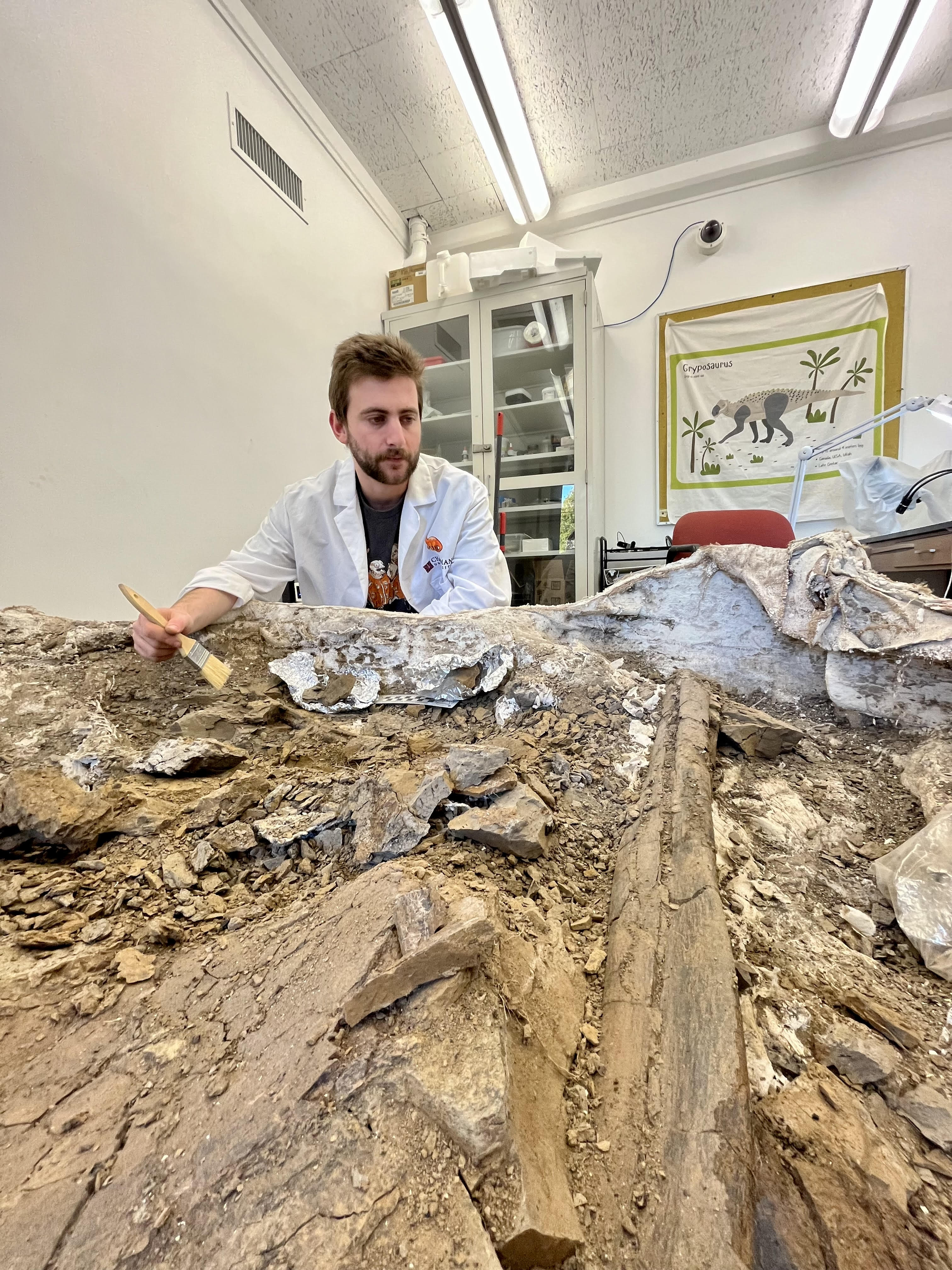 Student Ben Rotenberg with dinosaur fossil. 