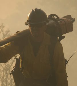 firefighter silhouetted against smokey backdrop