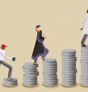 illustration of stacks of coins with student, graduate and person in lab coat climbing progressively