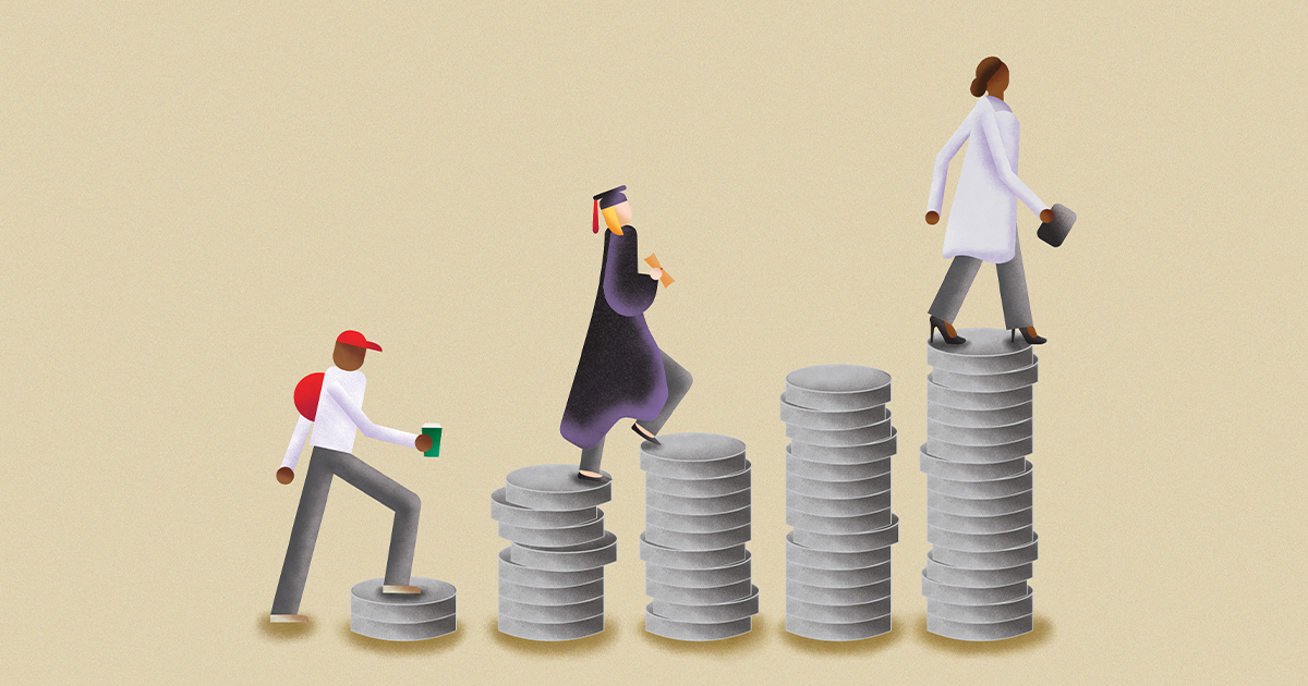 illustration of stacks of coins with student, graduate and person in lab coat climbing progressively