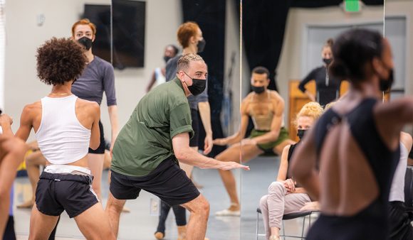 dwight rhoden demonstrates dance steps in rehearsal studio