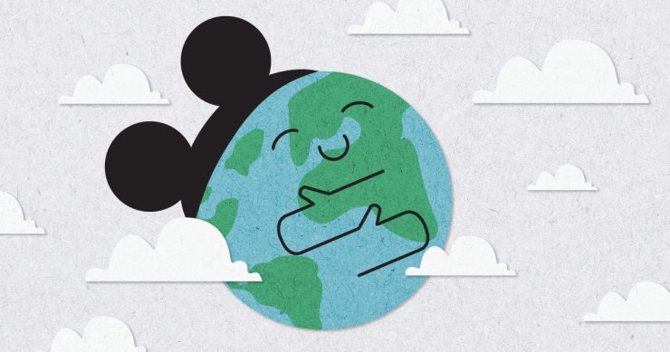 illustration of planet earth wearing mickey mouse ears and hugging itself