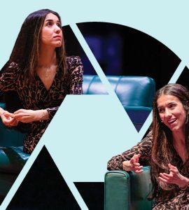 graphic design of circle with several images of nadia murad interposed