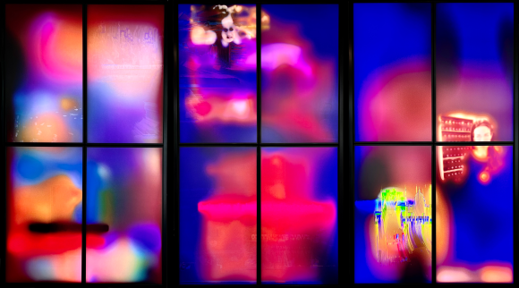 compilation of abstract images on an array of video screens