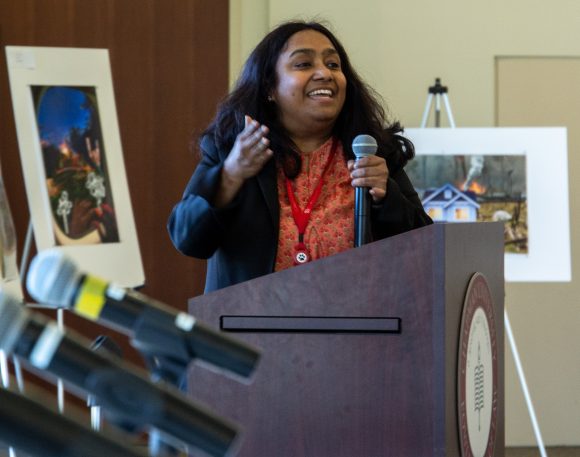 Professor Deepa Badrinarayana speaks at Fowler School of Law's climate conference which she organized.