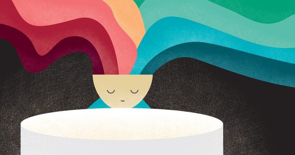 illustration of cartoon person with rainbow waves emitting from head