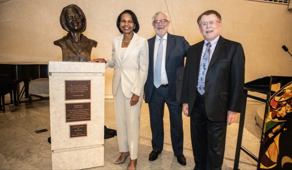 condoleezza rice, daniele struppa, Mark Chapin Johnson present bust of Rice